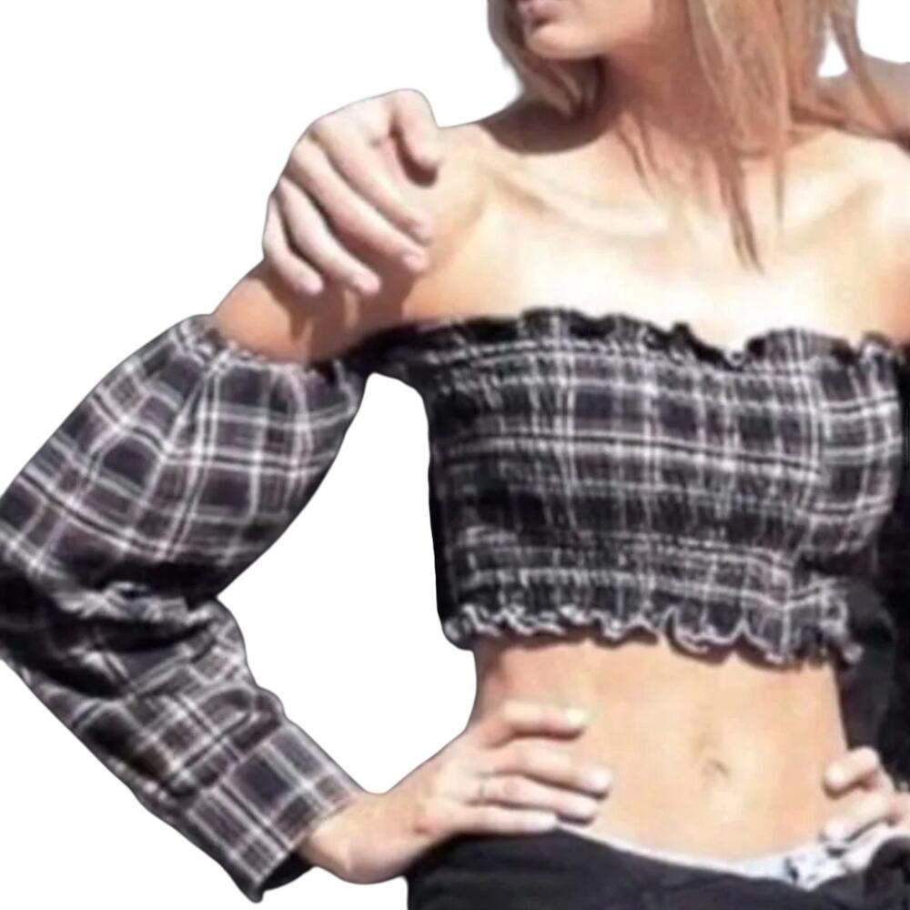 Furst of a Kind Flannel Off The Shoulder Crop Top Plaid Smocked Red White S